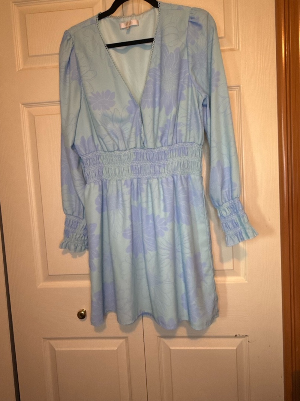 Wayf Light Blue & Purple Floral Smocked Waist Dress - L